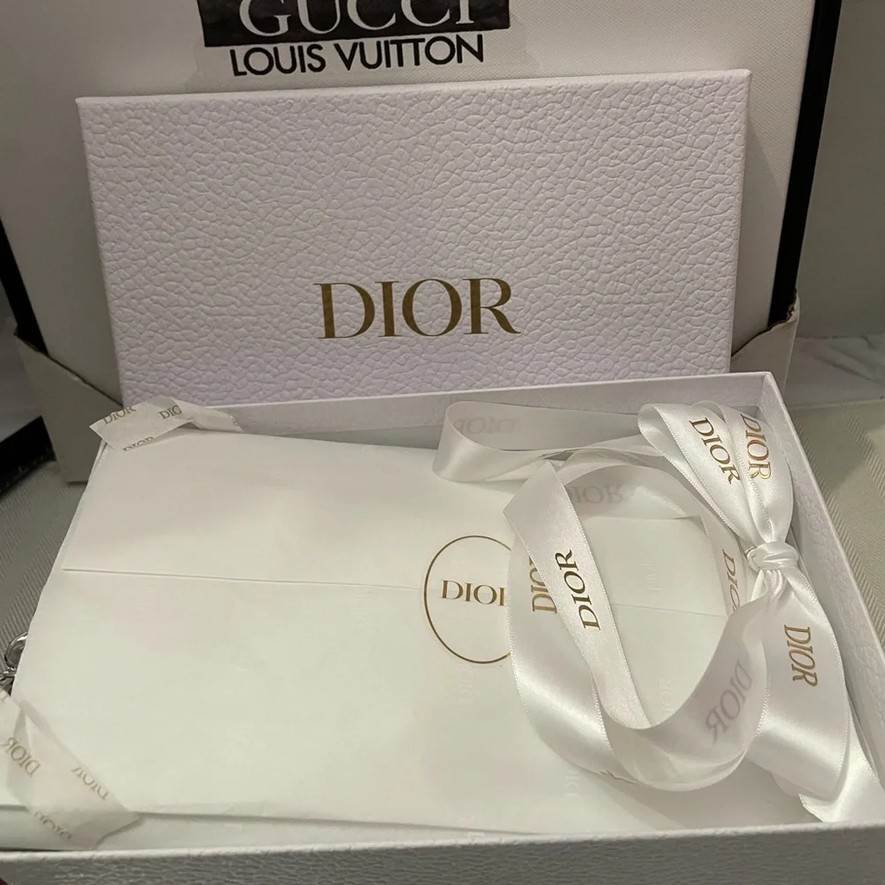 Authentic Dior White and Gold gift Box with tissue paper and ribbon 8”x5.5”x3”